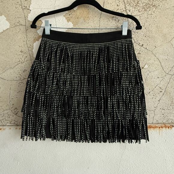 Pink Lily Dresses & Skirts - Fringe Mini Skirt Faux Suede Black Studded Western Glam Concert Cowgirl Womens S